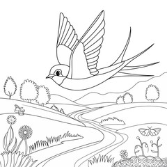 Vector illustration of a swallow in flight over a picturesque landscape with trees and flowers silhouette