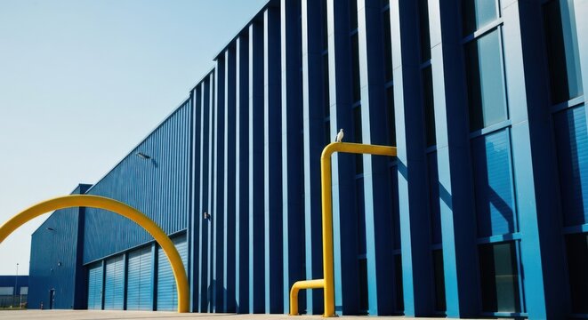 Blue industrial building with yellow pipes under a bright sky