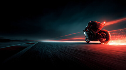 Futuristic Motorcycle Speeding on Highway at Night with Neon Light Trails
