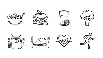 Healthy lifestyle icons set fresh food exercise weight loss and nutrition for wellness and diet vector