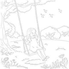 Charming vector illustration of a young girl swinging joyfully outdoors amidst nature silhouette