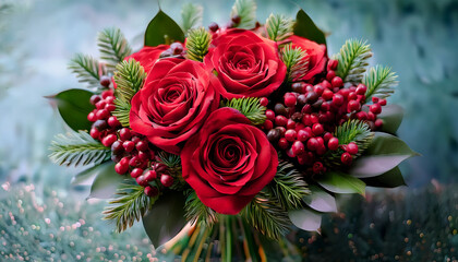 A Vibrant Bouquet Of Red Roses Surrounded By Green Foliage And Berries Perfect For Celebrations