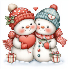 Cute Snowman Couple Hugging with Heart and Gifts in Winter Scene
