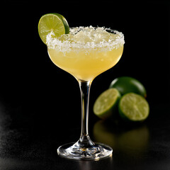 Classic Margarita Cocktail with Lime and Salt Rim on Black Background
