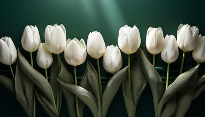 Beautiful White Tulips Arranged Elegantly Against A Dark Green Background In A Tranquil Setting