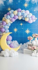 Dreamy pastel balloon arch with moon and cloud decorations backdrop
