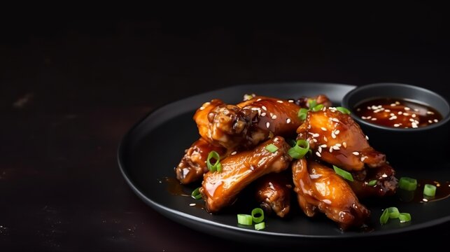 Close up view of sticky honey-soy chicken wings on plate over dark background with copy space 