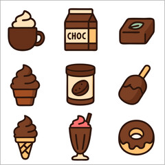 Flat Icon Set, Chocolate, Cocoa Treats & Sweet Dessert Symbols