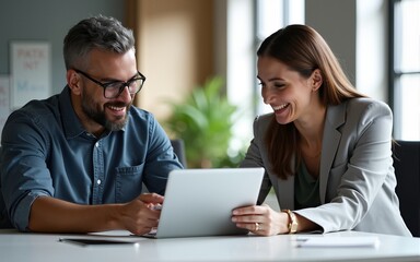 Obraz premium Team of diverse partners sitting at table mature Latin business man and European business woman discussing project on tablet in office. Two colleagues of professional business people working together.