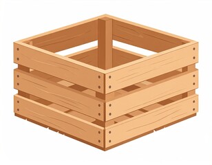Isometric Wooden Crate with Light Brown Wood and Square Shape on a White Background