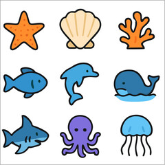 Flat Icon Set, Sea Life, Marine Travel & Ocean Symbols