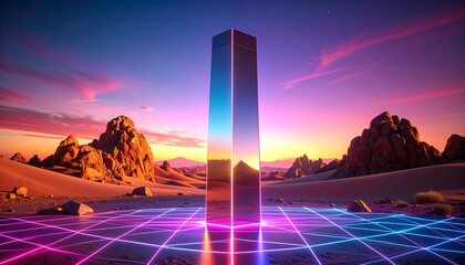 Shiny Reflective Column in a Desert Landscape at Sunset