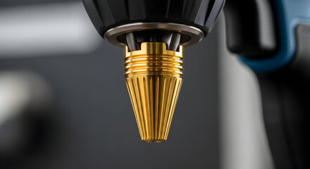 Golden Precision Power Tool Head Extreme Closeup Industrial Equipment Design Advanced Technology Manufacturing Innovation High Quality Component Modern Engineering Application