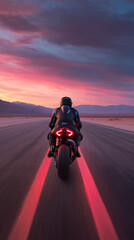 Motorcyclist Riding on Open Road at Sunset with Glowing Red Tail Lights
