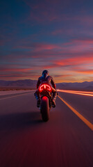 Motorcyclist Riding Fast on Open Highway at Sunset with Glowing Tail Lights
