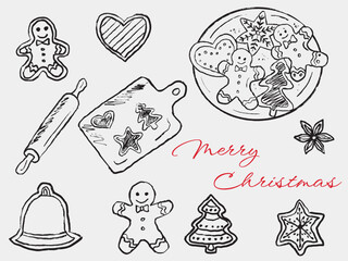Hand drawn gingerbread cookies. Rolling pin, plate with cookies in the shape of man, christmas tree, star, heart, bell. Vector sketch illustration in vintage crayon charcoal style. Bakery, cooking