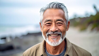 Joyful Senior Man Portrait with Snowy Beard on Beach in Winter Outdoor Smiling Face Aging Well Silver Hair Gray Shirt Coastal Rocks Background Positive Emotions
