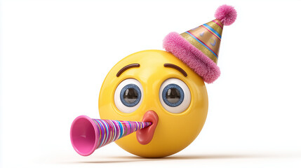 3D Party Emoji with Hat and Party Horn on White Background
