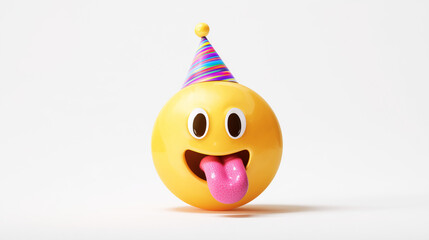 3D Party Emoji with Tongue Out and Colorful Hat on White Background
