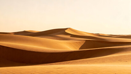 Expansive golden desert dunes under warm light, casting long shadows.