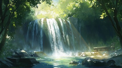 Lush waterfall cascading into a tranquil pool, surrounded by dense forest