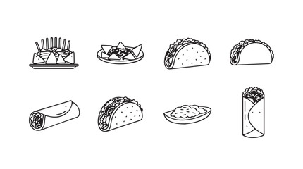 Hand drawn sketch collection of mexican food items including tacos burritos and more vector