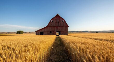 Obraz premium Rustic red barn in the countryside surrounded by golden wheat fields