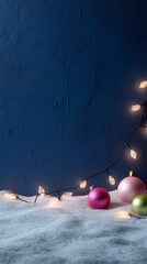 Christmas Ornaments and String Lights on Snow Against Dark Blue Wall
