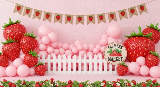 Strawberry themed decoration with balloons and strawberry banner backdrop design