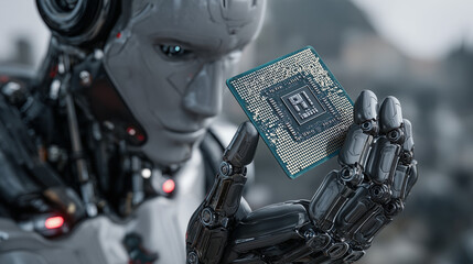 Futuristic Robot Carefully Holding Microchip with Advanced AI Processor
