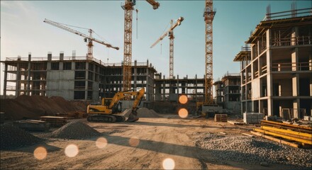 Building under construction with yellow cranes and excavator against sky