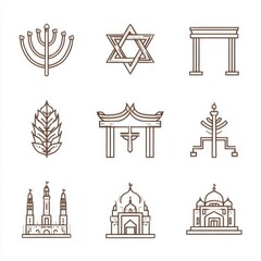 Collection of diverse religious symbols and architectural elements illustrated