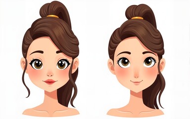 Woman with a ponytail. A set of front  and three-quarter view face. Two types, a standard expression and a smile. High quality