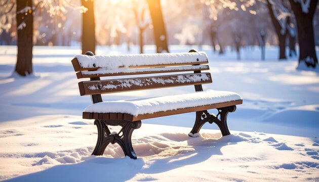 Winter park bench covered in snow - Powered by Adobe