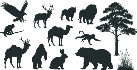 Naklejka premium Wildlife, silhouette, animals, forest, nature, eagle, deer, lion, monkey, camel, gorilla, rabbit, bear, tree, grass, jungle, mammal, bird, black, isolated, ecosystem, habitat