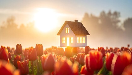 Small House Floating Above a Field of Red Tulips at Sunrise
