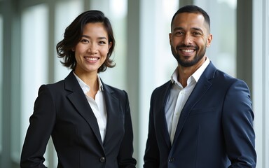 Happy confident professional mature Latin business man and Asian business woman corporate leaders managers standing in office, two diverse colleagues  - generative AI, fiction Person. High quality
