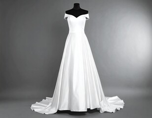 Off-shoulder gown, A-line, bright white satin