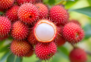 Fresh Red Bayberry: a detailed photograph presents an inviting display of ripe bayberries, their vibrant red exteriors studded with tiny bumps. one bayberry has been carefully sliced.
