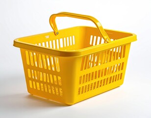 Bright yellow, slotted plastic shopping basket with handle
