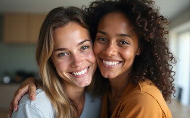 Multiracial two women hugging while smiling at camera. High quality