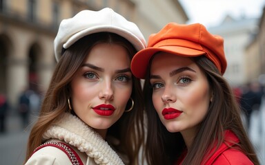 Outdoor close up fashion portrait of two young beautiful women with red lips makeup, wearing trendy clothes and accessories,  posing in street of european city. High quality