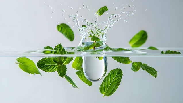 Fresh mint leaves with water splash isolated on white background