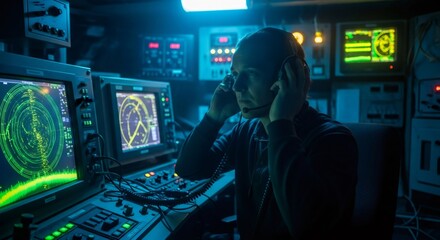 Man operating sonar equipment in a submarine control room. Naval seafarer monitoring radar for underwater navigation and battle.