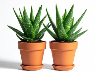 Two potted aloe vera plants, simple studio light