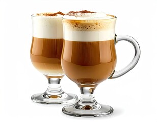 Two layered lattes with froth in stemmed glass mugs