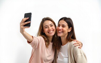 Happy mother and daughter taking selfie on white background. High quality