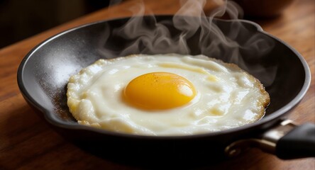 Sunny-Side Up: A close-up shot of a perfectly cooked, sunny-side-up egg in a frying pan, showcasing its golden yolk and inviting aroma, representing a simple breakfast delight.