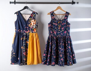 Two floral dresses hang on a rack against a white wall