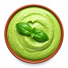 Green dip in bowl, basil garnish, top-down view